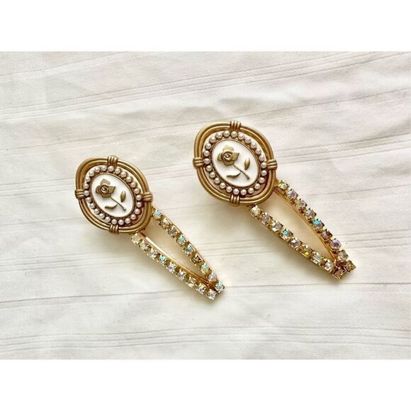 Rose white and gold color hair clip with irsdecent rhinestone and pearls - Picture 1 of 2